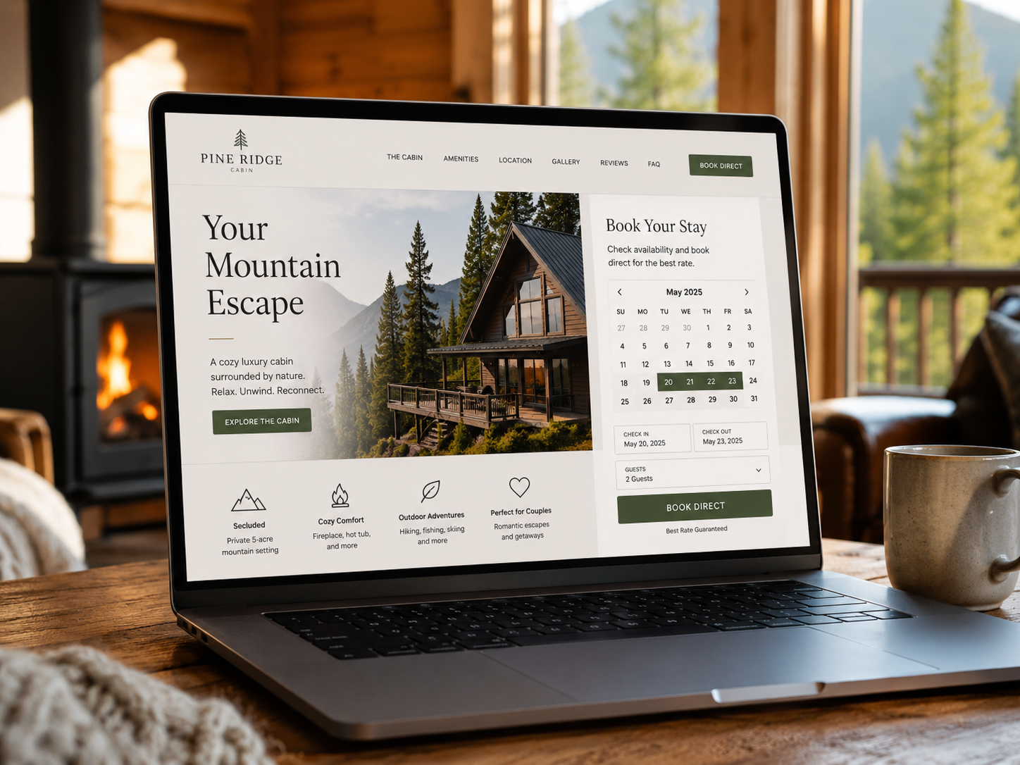 Laptop displaying a direct booking website builder interface for a vacation rental host