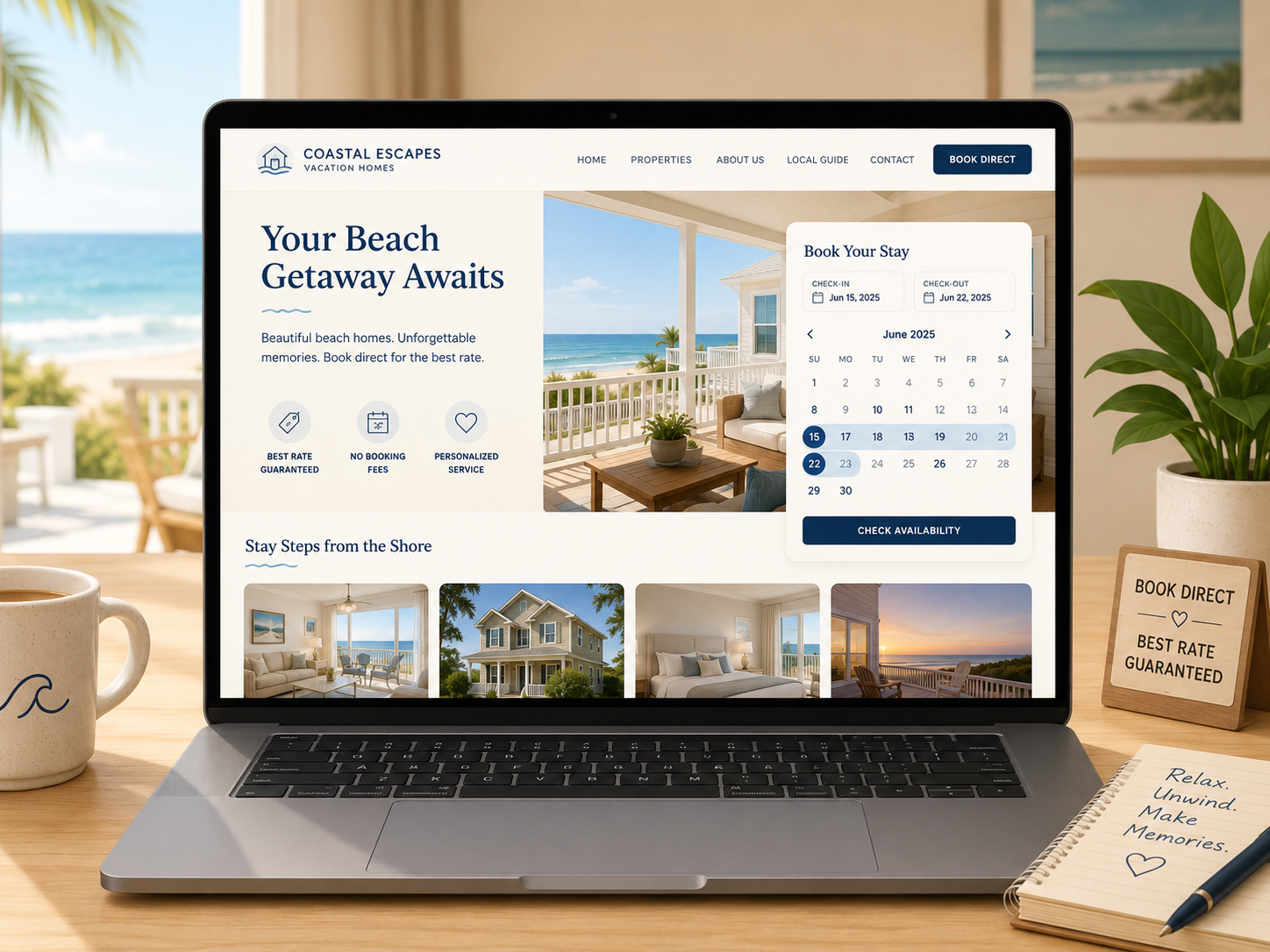 Direct booking website builder dashboard shown on a laptop for vacation rental hosts