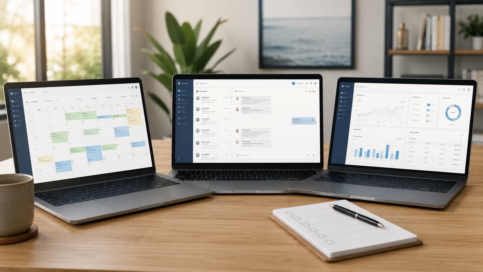 Property manager comparing vacation rental management software dashboards on multiple laptop screens" → "How to choose vacation rental PMS — property manager comparing software dashboards on multiple screens