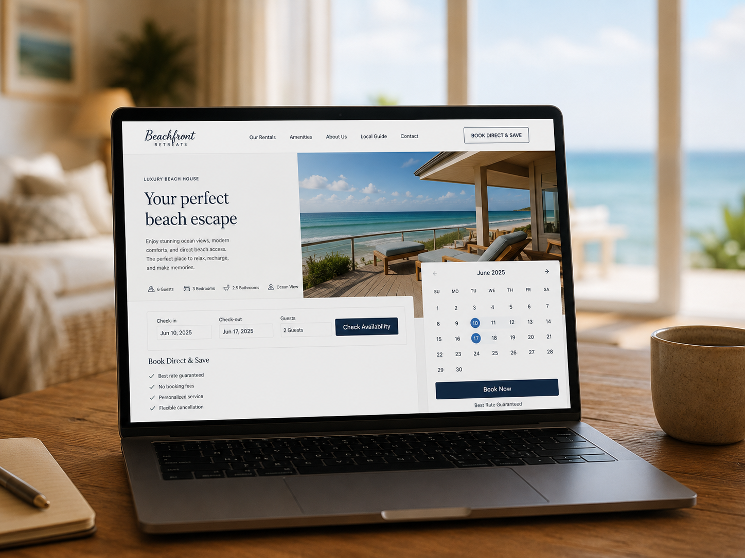 Vacation rental host using direct booking software on a laptop to manage commission-free reservations