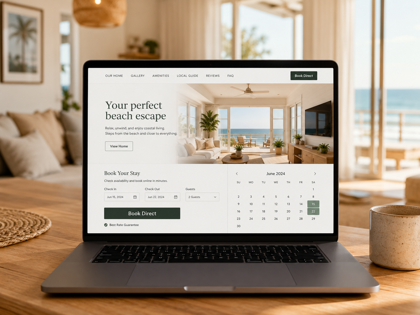 Host using vacation rental direct booking software on a laptop to manage reservations