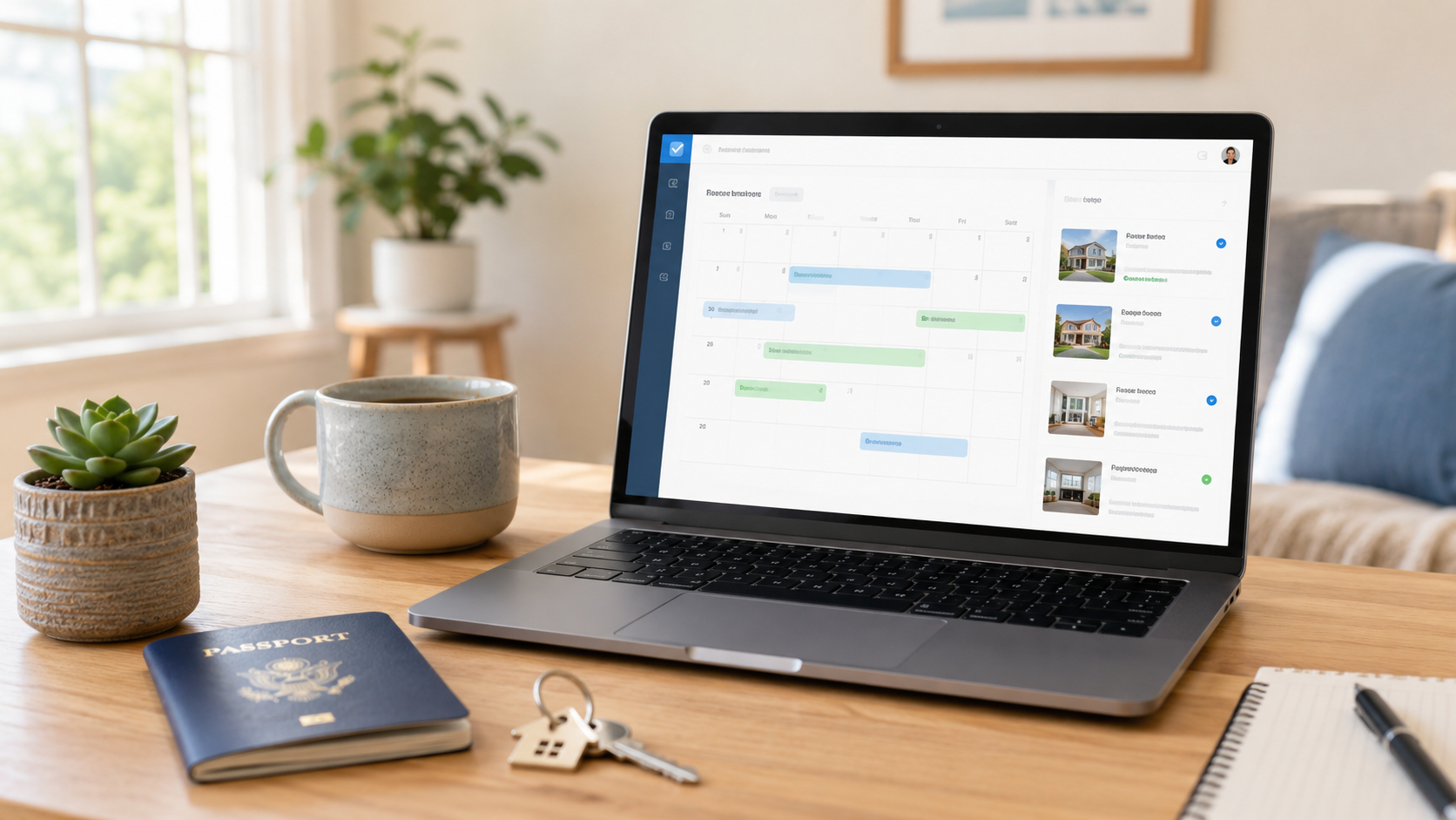 Smoobu vacation rental software review — laptop showing channel manager dashboard on a home office desk