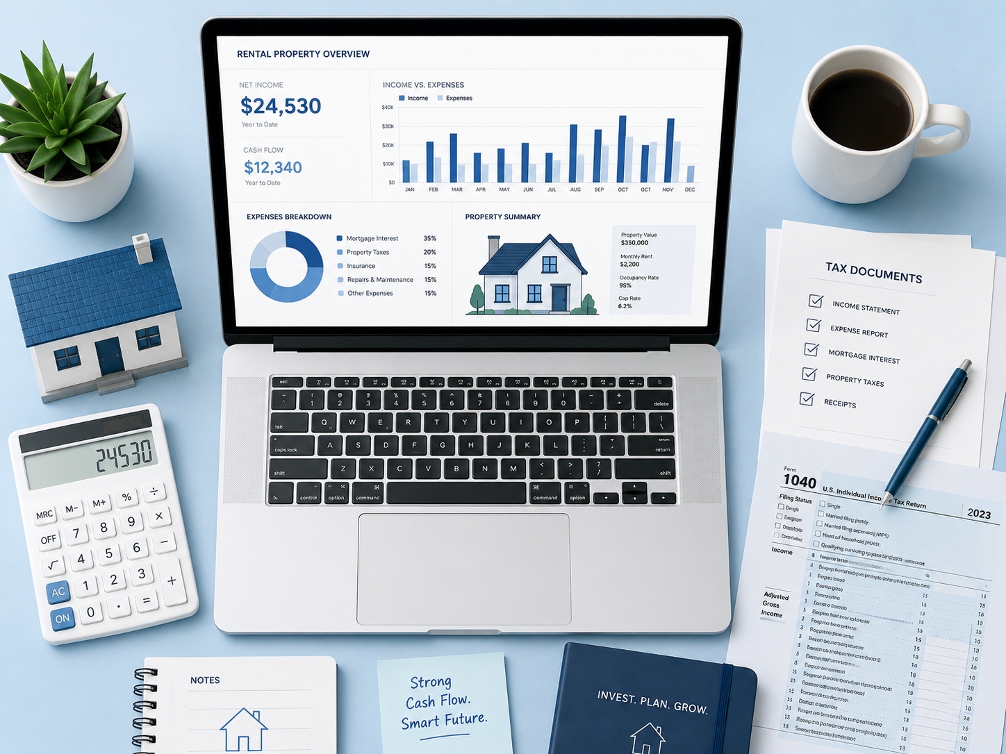 Laptop showing vacation rental accounting software dashboard with financial charts for Airbnb hosts