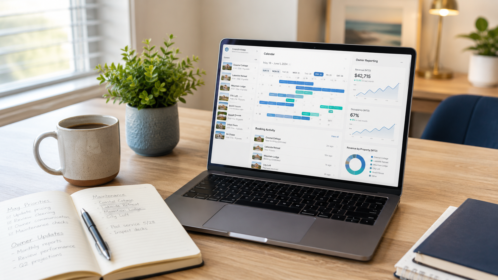 Hostfully vacation rental software review — property management dashboard displayed on laptop in a home office setting