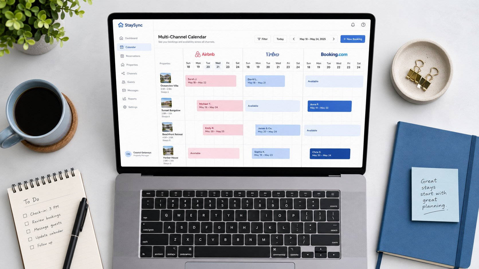 vacation rental channel manager dashboard showing synced calendars across Airbnb, Vrbo, and Booking.com