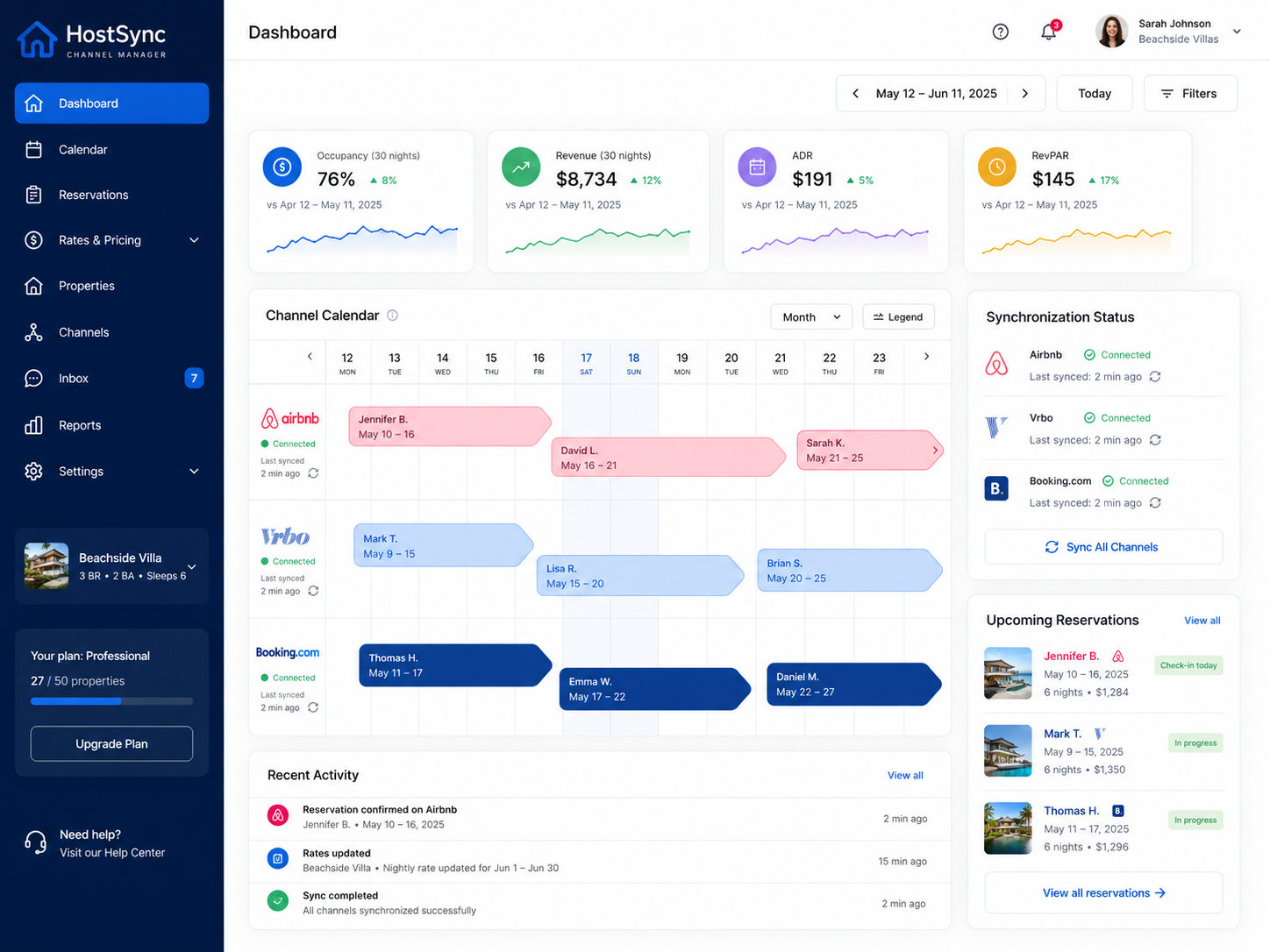 Dashboard view of a vacation rental channel manager syncing listings across Airbnb, Vrbo, and Booking.com