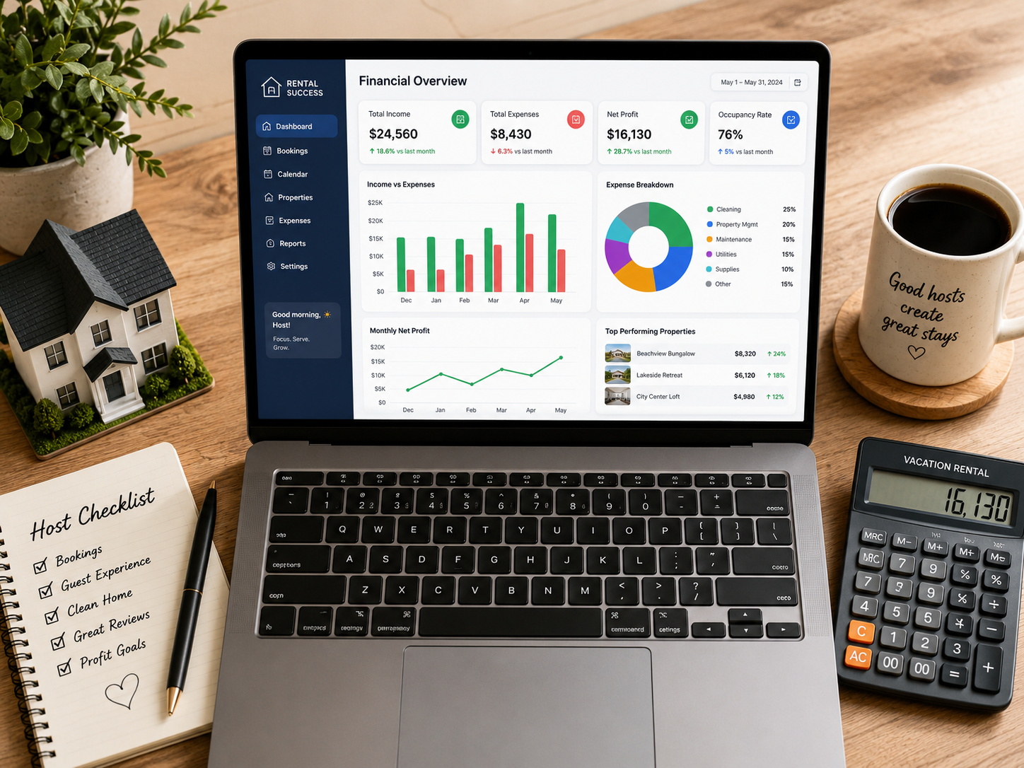 Dashboard of vacation rental accounting software showing income and expense tracking for an Airbnb host in 2026
