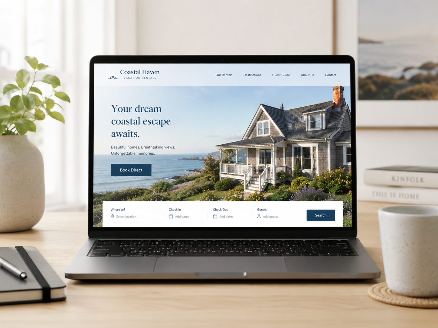 Host setting up a direct booking website for a vacation rental on a laptop